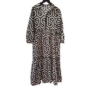 Zara Geometric Chain Link Print Cotton Tiered Midi Dress Black Cream Womens M